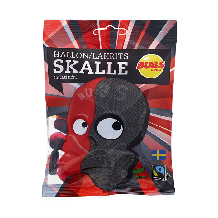 Bubs Hallon Lakrits Skalle - Raspberry Licorice Skull Vegan Peg Bag 90g 16ct (Sweden)