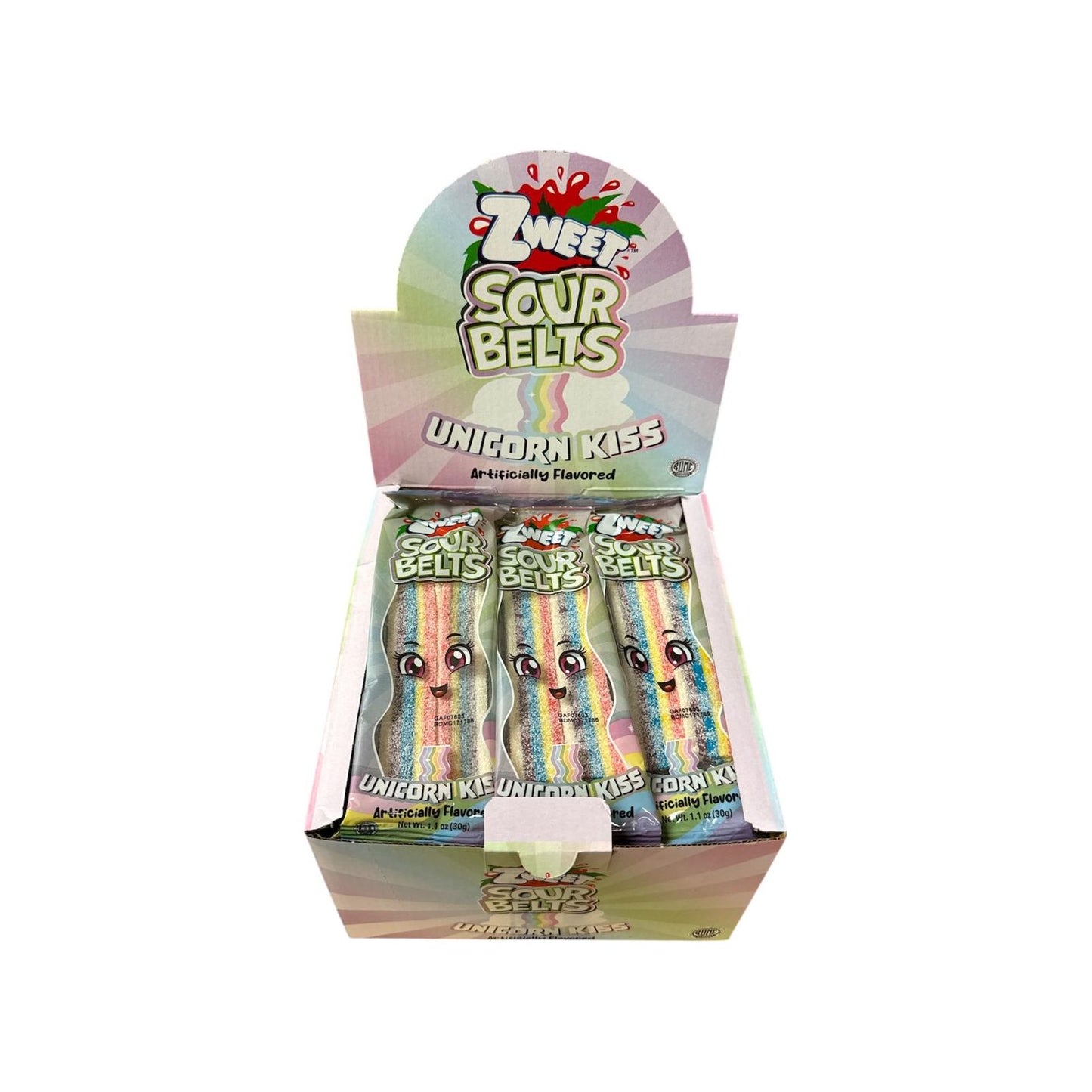 Zweet Sour Belts unicorn Mini Display (Halal & Kosher Certified) 30g 1.1oz 24ct