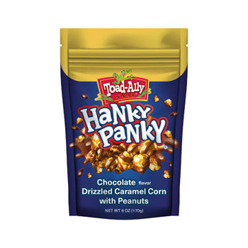 Toad Ally Hanky Panky Chocolatey Drizzled Caramel Corn and Peanuts Stand Up Bag 6oz 12ct