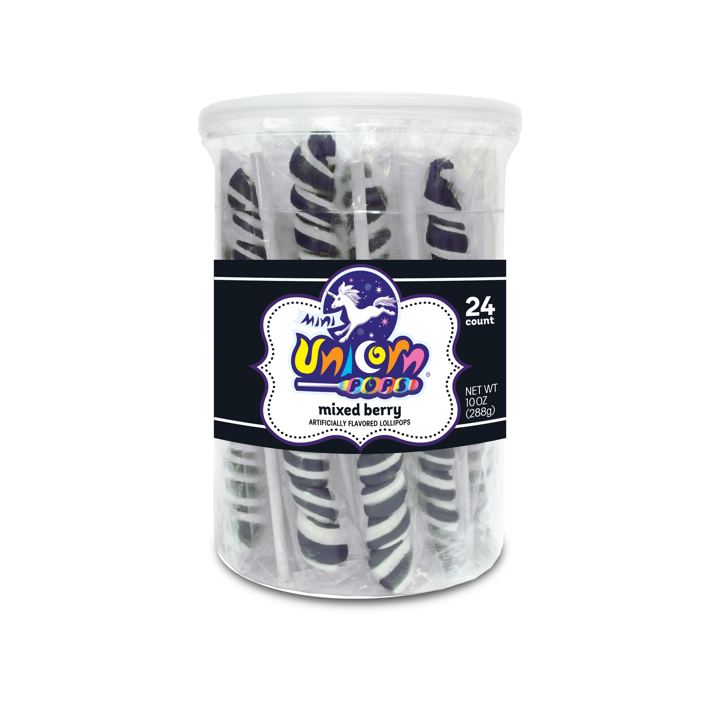 Adams & Brooks Mini Unicorn Lollipop Jar -mixed berry- Black 24ct