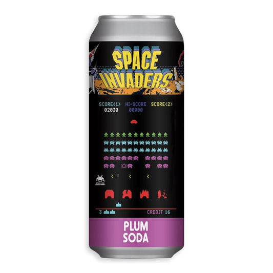 Rocket Fizz Cans Space Invaders Plum Soda 16oz 24ct (Shipping Extra, Click for Details)