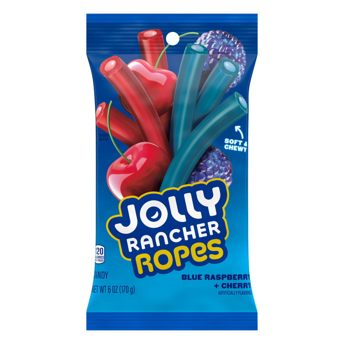 Jolly Rancher Ropes Blue Raspberry & Cherry Flavored Candy Peg Bag 6 oz. 12ct