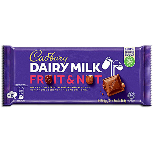 Cadbury Dairy Milk Fruit & Nut Chocolate Bar 165g 12ct Halal (Malaysia)