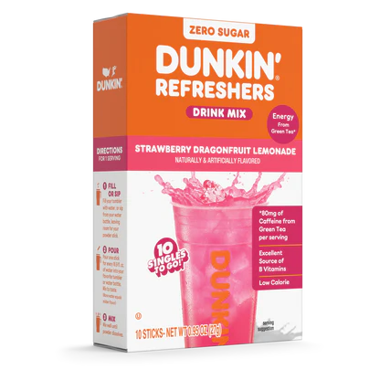 Dunkin Refreshers Strawberry Dragonfruit Drink Mix 10pcs Singles to Go 0.95oz 12ct
