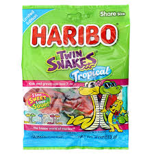 Haribo Twin Snakes Tropical Peg Bag 4oz 12ct