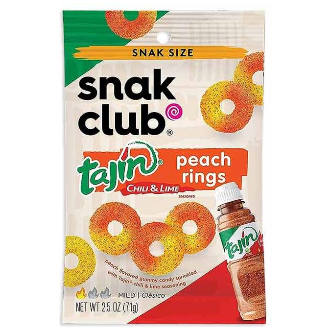 Snak Club Tajin Chili & Lime Peach Rings Peg Bag Vegan 2.5oz 12ct