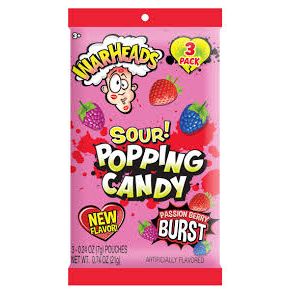 Warheads Valentine 3Pk Sour Popping Candy Peg Bag .74oz 12ct