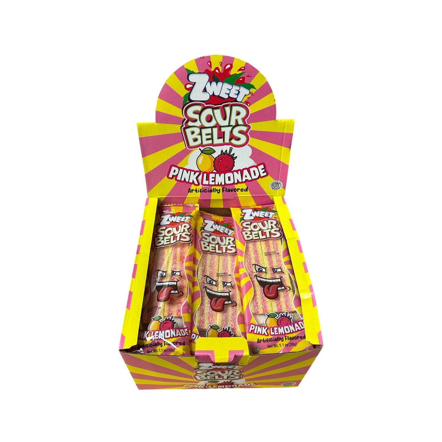 Zweet Sour Belts Pink Lemonade Mini Display (Halal & Kosher Certified) 30g 1.1oz 24ct