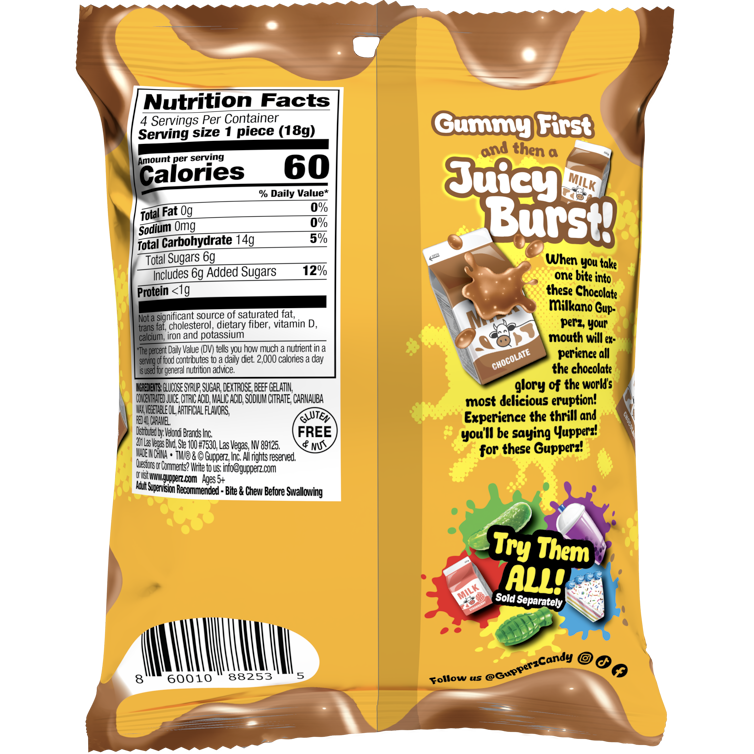 Gupperz® Gummy Liquid Filled Popperz - Chocolate Milkano 2.54oz 12ct